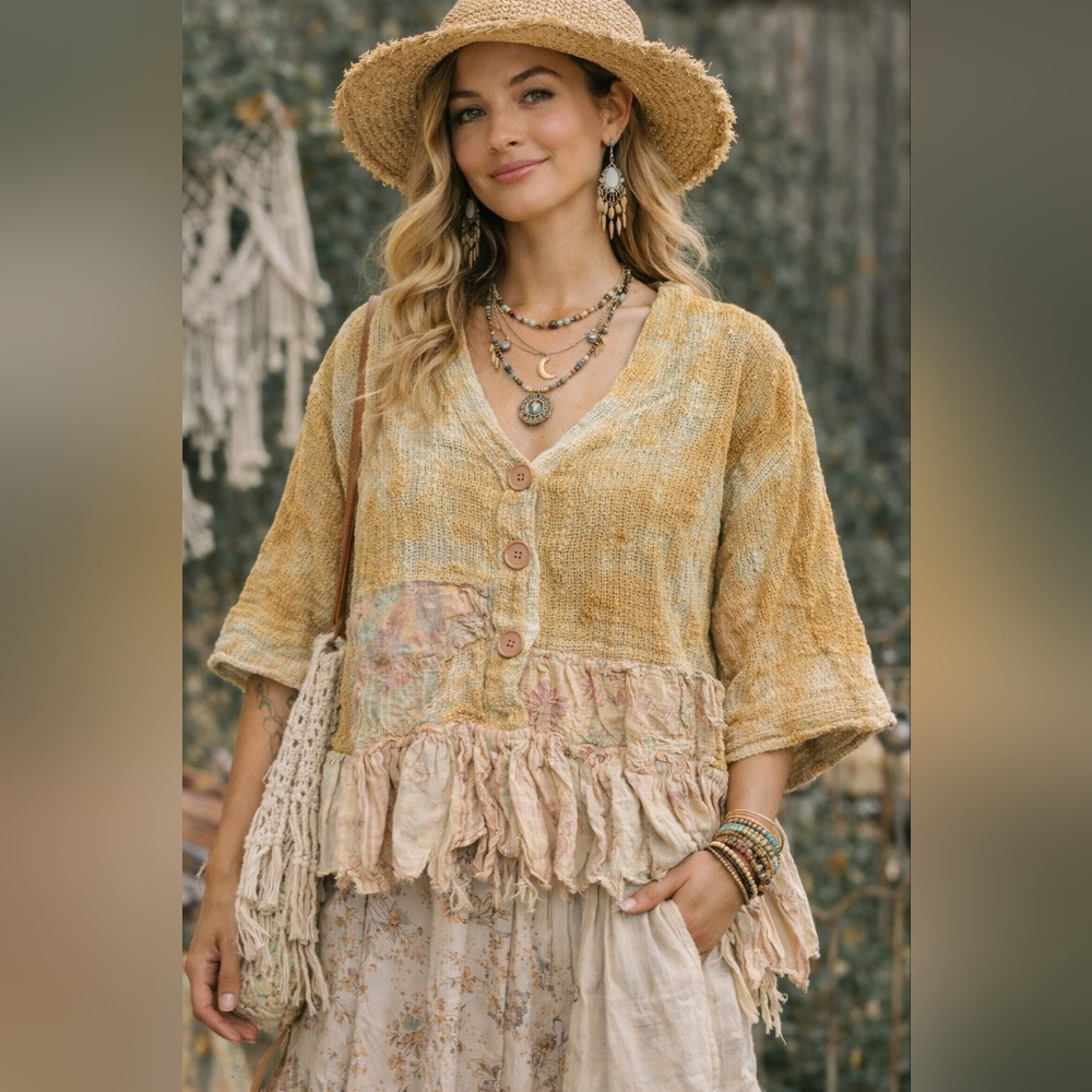 Bohemian Mustard Button-Front Ruffle Jacket